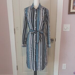 Lands End Vertical Stripes Long Sleeves Belted Button Down Shirt Dress Size 4